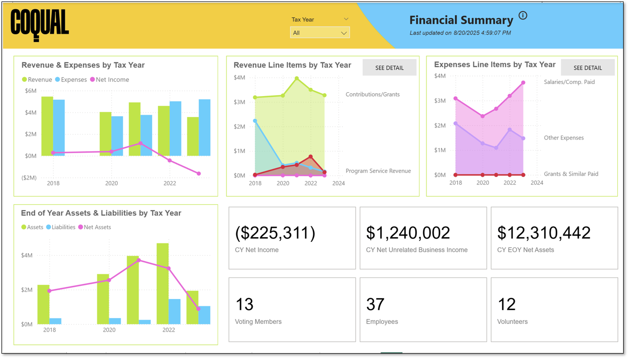 Nonprofit in a Nutshell Dashboard, Financial Summary page, 40% transparent