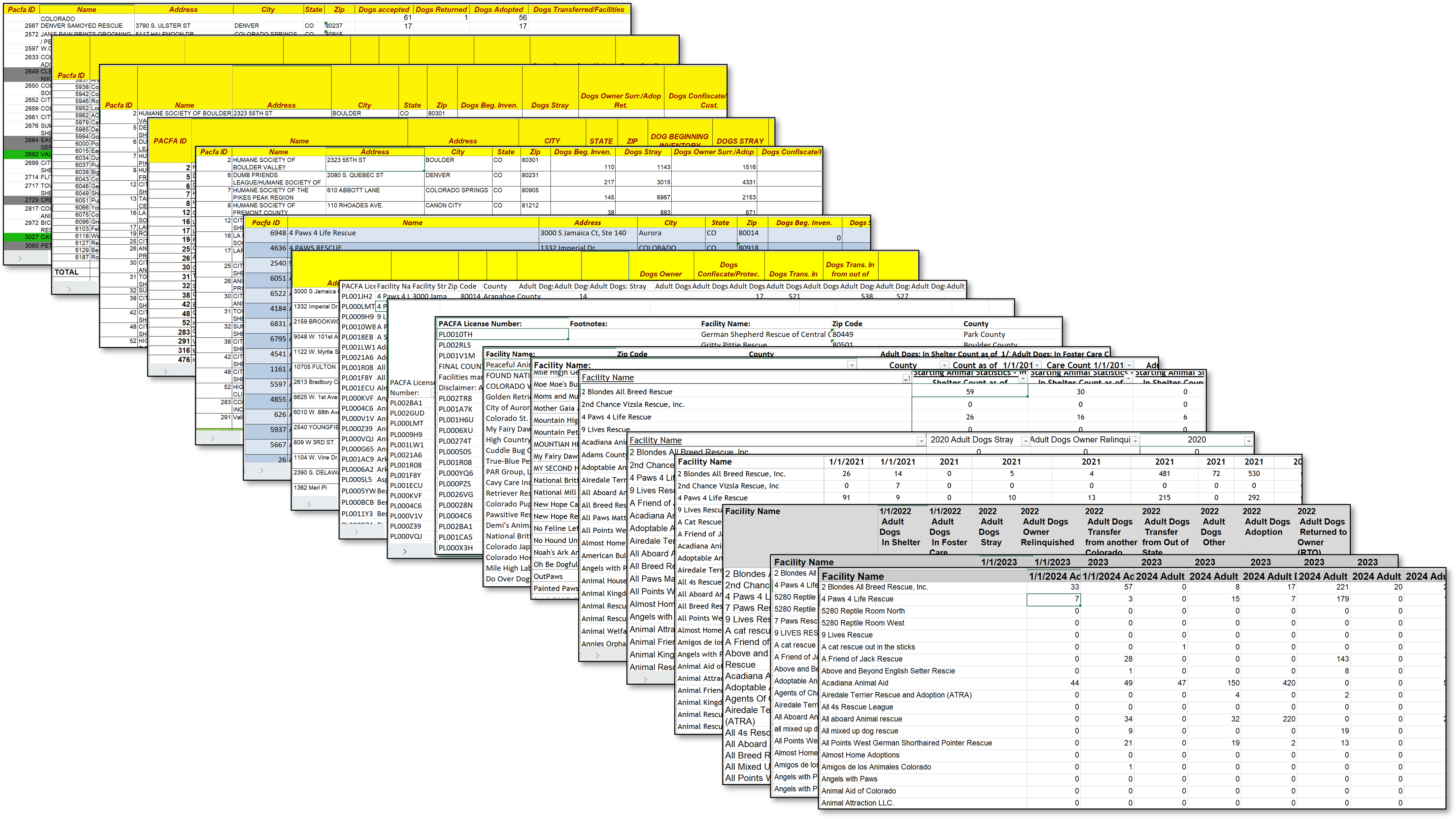 Screenshots of 21 Excel stats files, stacked